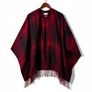 Belle by Kim Gravel Plaid Fringe Shawl Wrap Cardigan Red Buffalo L